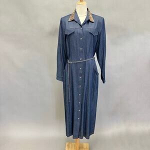 Vintage Willi of California dark rinse denim maxi shirt dress chain belt size 14